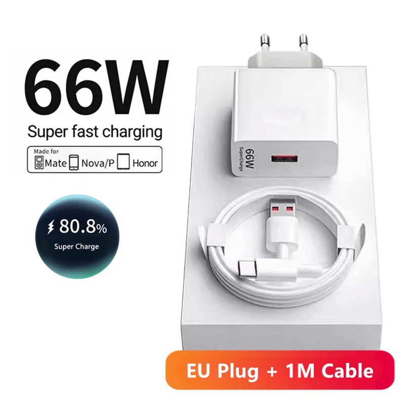 6A 66W Super Fast EU Wall Charger For Huawei Mate 40 50 60 P50 Nova 8 9 10 Honor 90 100 X7 X8 X9 Magic Type C Charging USB Cable TechVisio
