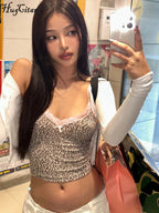 Hugcitar 2025 Leopard Print Slips Bows Patchwork Lace Sexy Slim Crop Camis Top Summer Fashion Women Y2K Outfits Festival Party TechVisio