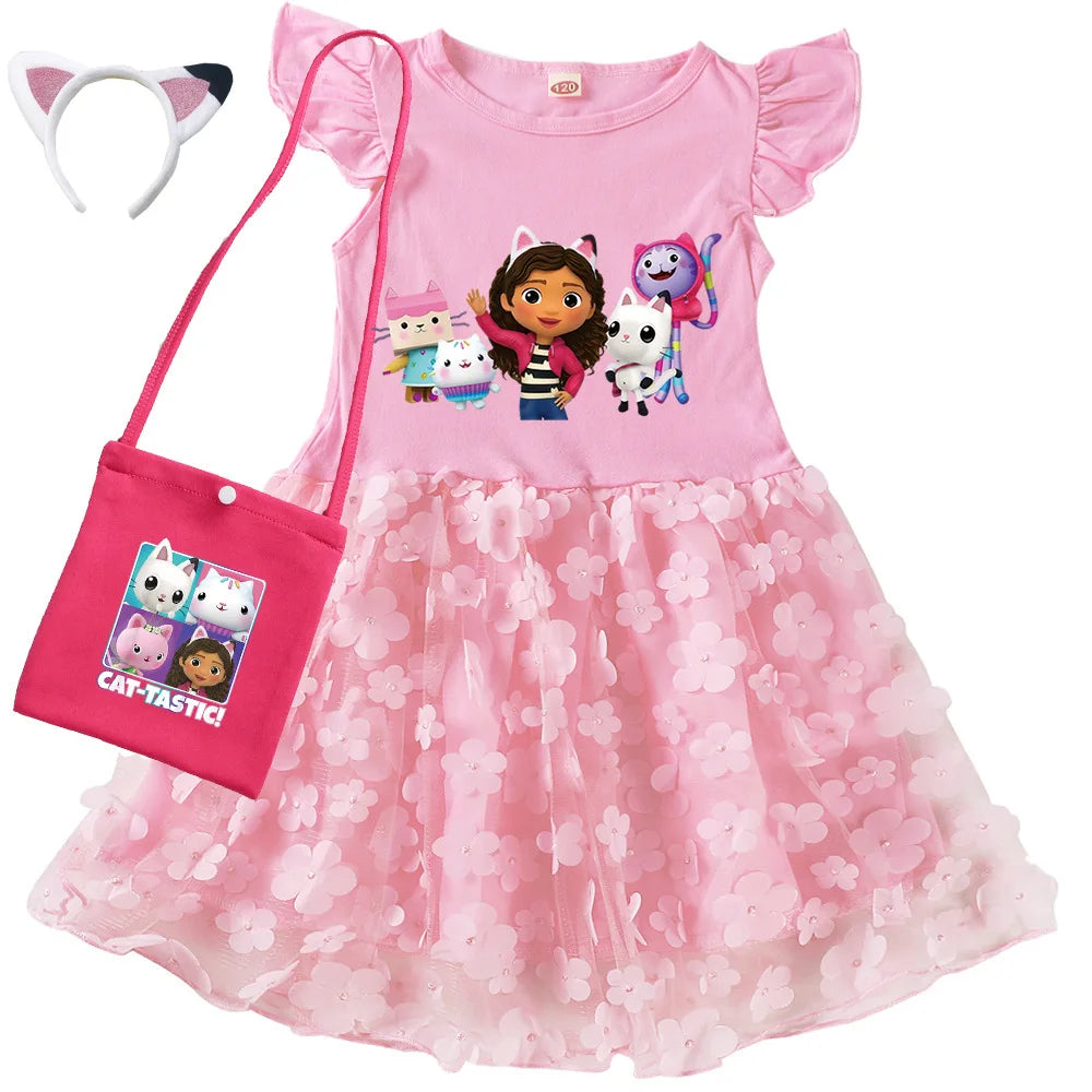 Vestidos Gabbys Dollhouse Costume Kids Cartoon Gabby Chat Dress Baby Girls Summer Short Sleeve Casual Dresses and Bag & Headband TechVisio