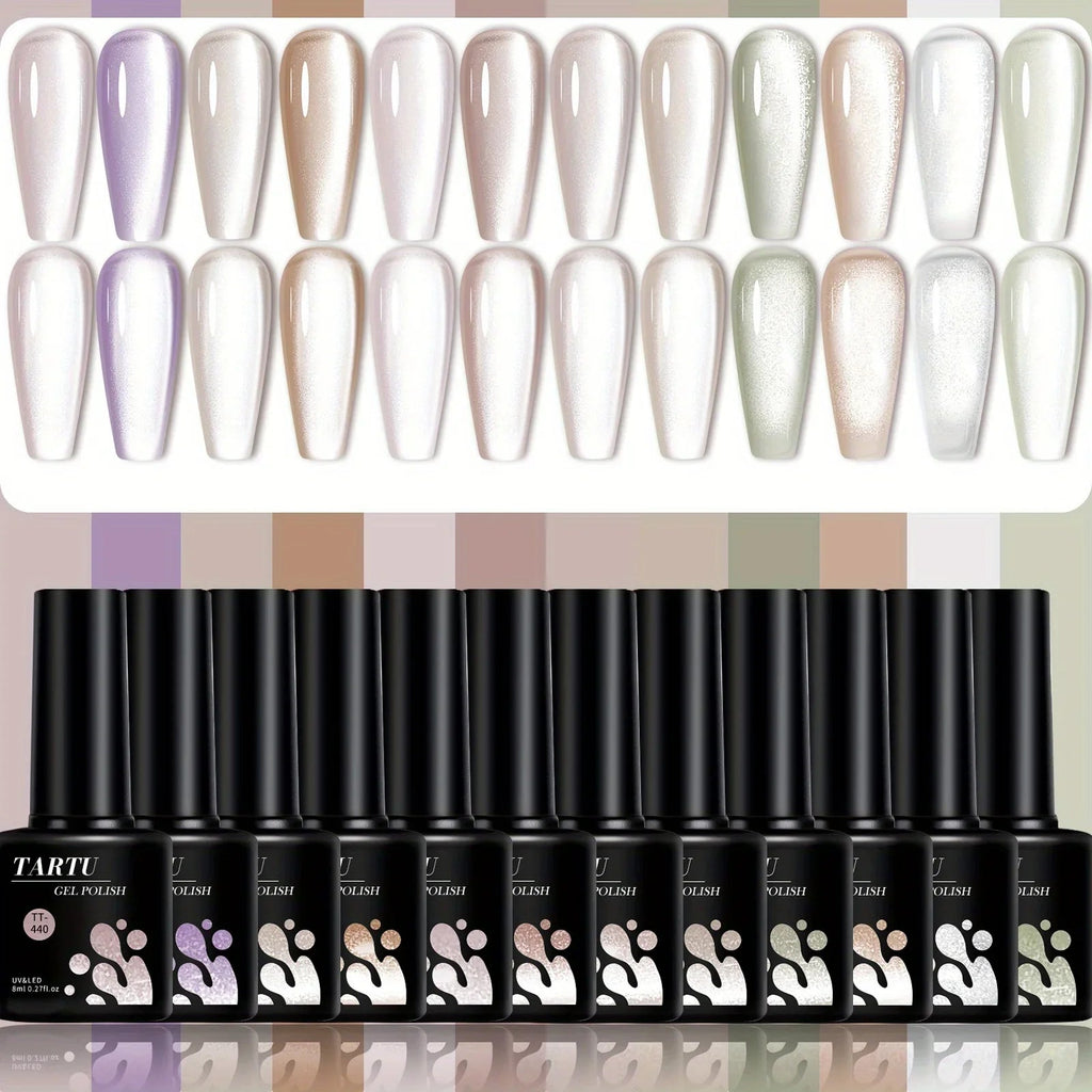TARTU 12pcs 8ml Cat Eye Gel Nail Polish Set,  Nude Pink Red brown Glitter Gel Polish Kit, Soak Off Uv/Led, Nail Art DIY At Home TechVisio