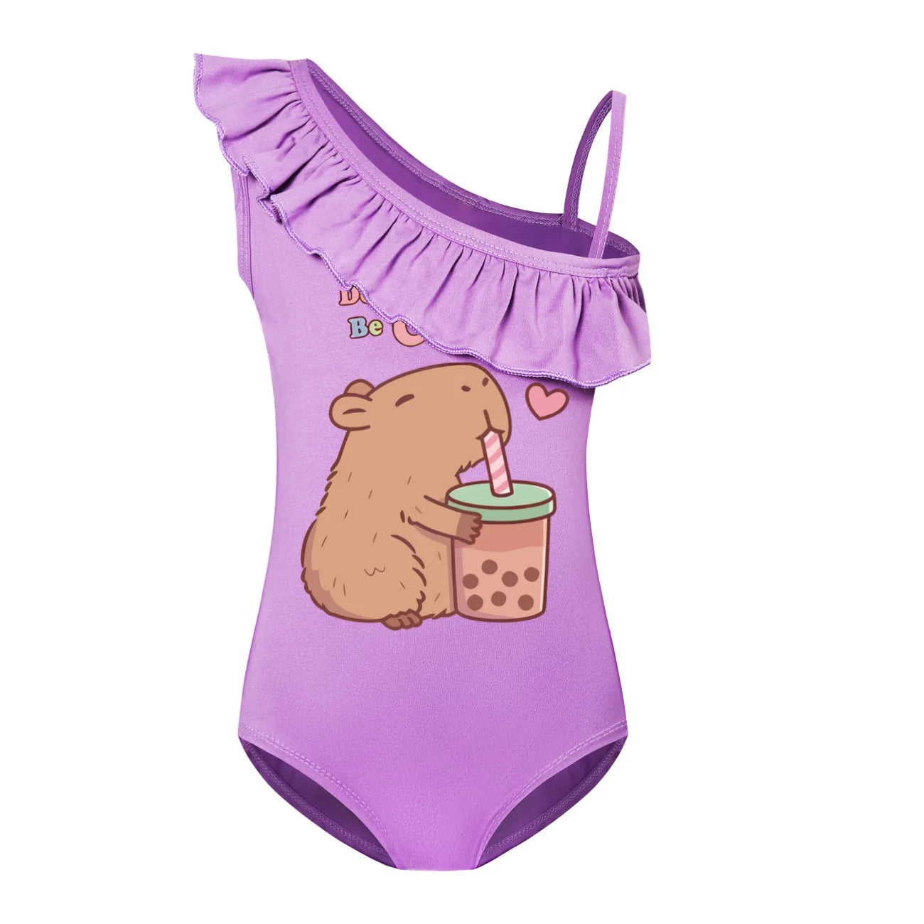 Cute Capybara Loves Bubble Tea Clothes Kids Summer Swimwear Baby Girls Once Piece Swimsuit & Cap Children Vacation Bikini suits TechVisio