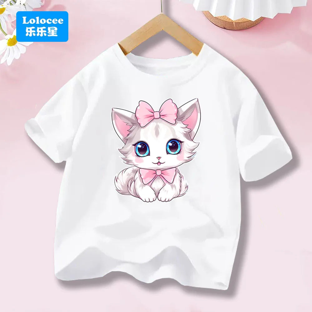 Cute Cat with Bow Print Girls T Shirt Kids Summer Short Sleeve Cotton T-shirt Kawaii Top Tee for Baby Girl 3-14y MM1 TechVisio