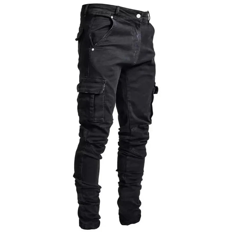 Men Street Elastic Denim Jeans Wash Solid Color Multi Pockets Cargo Pants Casual Slim Fit Daily Wear Joggers Mid Waist Trousers TechVisio