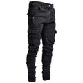 Men Street Elastic Denim Jeans Wash Solid Color Multi Pockets Cargo Pants Casual Slim Fit Daily Wear Joggers Mid Waist Trousers TechVisio