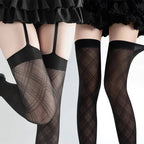 Women Argyle Pattern Suspender Wide-banded Tights Lolita Thigh High Stockings with Garters Y2K JK College Over The Knee Socks TechVisio