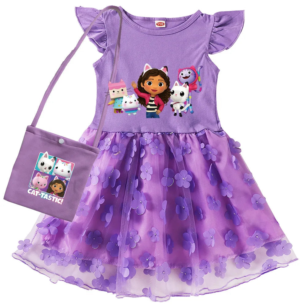 Vestidos Gabbys Dollhouse Costume Kids Cartoon Gabby Chat Dress Baby Girls Summer Short Sleeve Casual Dresses and Bag & Headband TechVisio