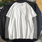 Fake Two Piece Long Sleeve T-shirt Men European And American Round Neck Striped Casual Long Sleeved T-shirt Breathable Men Tee TechVisio