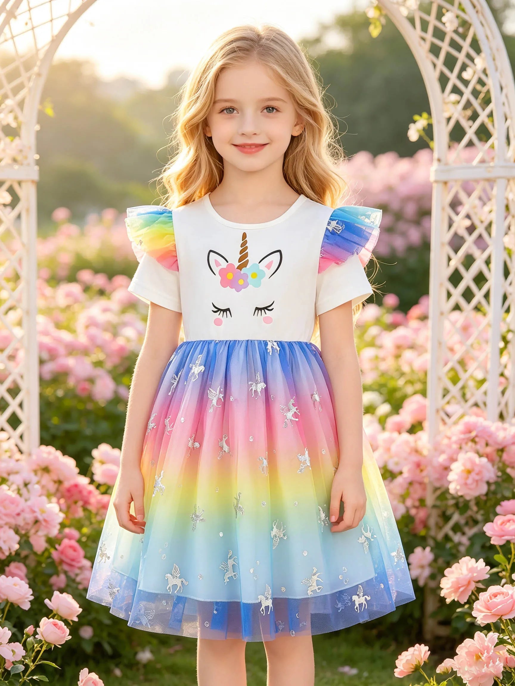 Girls' Dress with Flower, Closed-Eye Unicorn, Rainbow Flutter Sleeves, Gradient Colorful Pegasus Sequined Tulle Puffy Princess S TechVisio