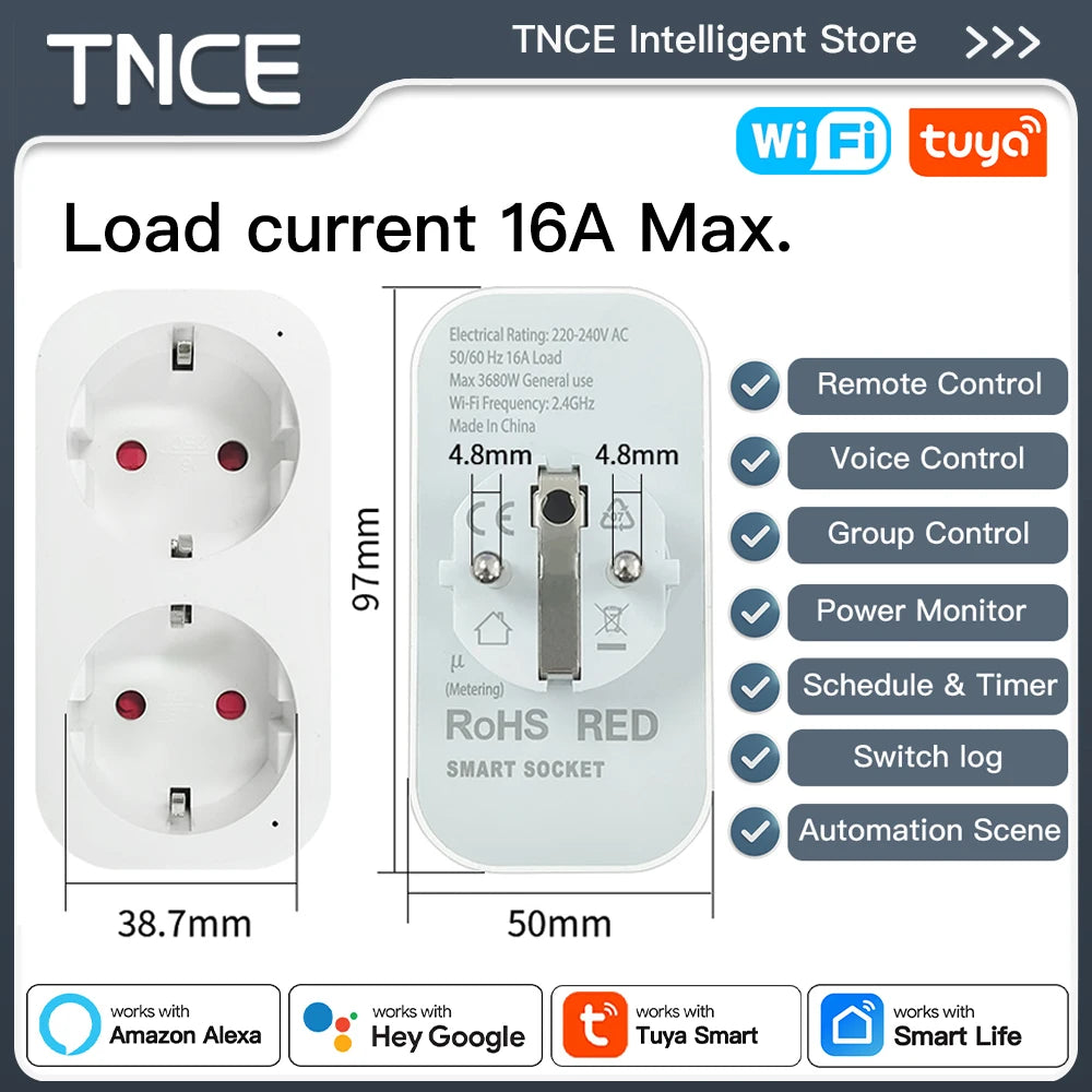 Prise Connectée WiFi Double TNCE – 16A | Alexa Google Home | Tuya