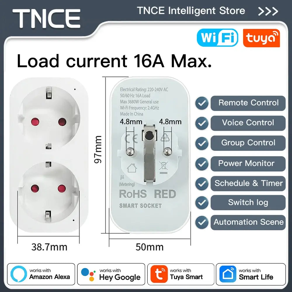 Prise Connectée WiFi Double TNCE – 16A | Alexa Google Home | Tuya TechVisio