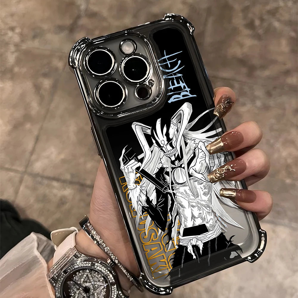 New HotAnime Cool BLEACH Plating Case For iPhone 16 15 14 13 12 11 Pro Max X XR XSMax 7 8 6 Plus Anti-Fall Airabag Back Cover TechVisio