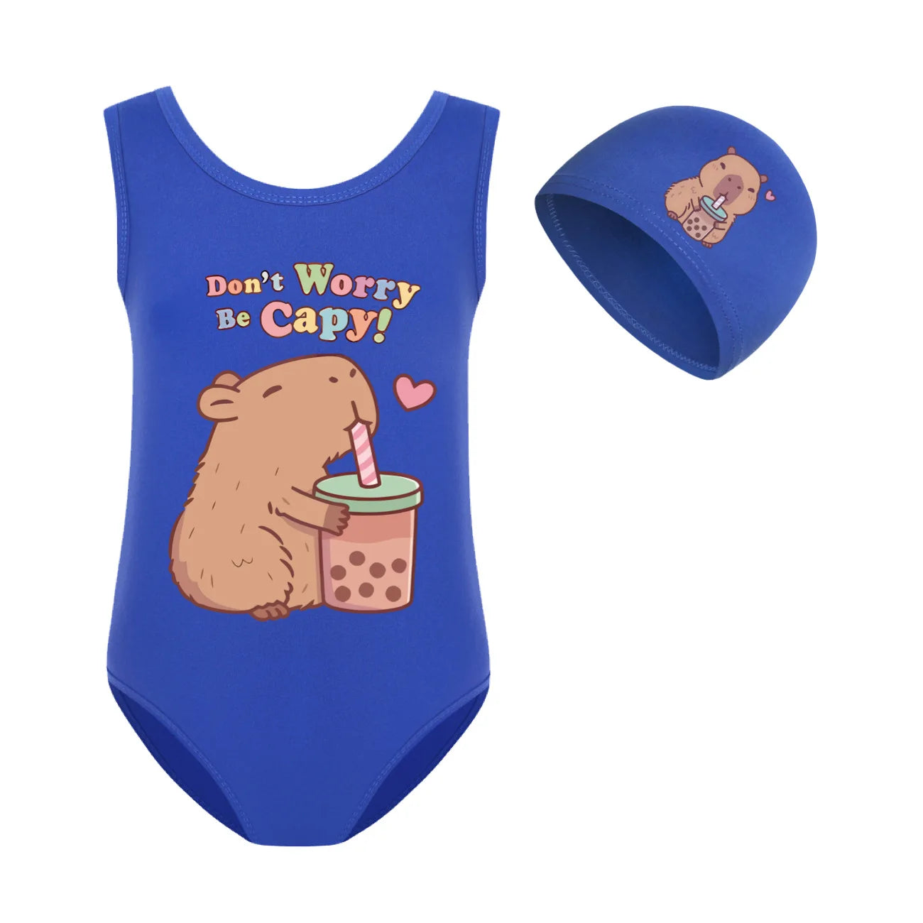 Cute Capybara Loves Bubble Tea Clothes Kids Summer Swimwear Baby Girls Once Piece Swimsuit & Cap Children Vacation Bikini suits TechVisio