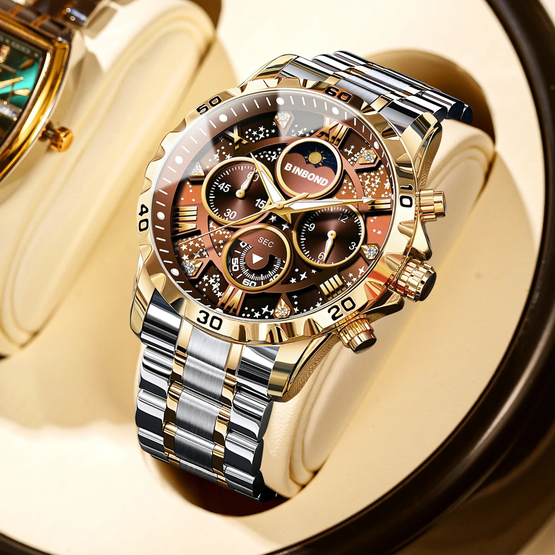 2026 Men Watch Light Luxury Business Steel Belt Moonphase Starry Night Light Waterproof Men's Fashion Quartz Clock Watches Gift TechVisio