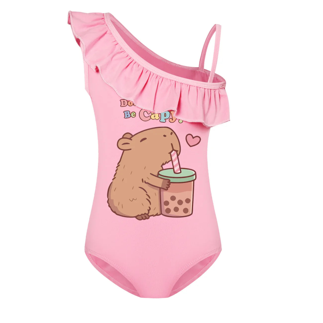 Cute Capybara Loves Bubble Tea Clothes Kids Summer Swimwear Baby Girls Once Piece Swimsuit & Cap Children Vacation Bikini suits TechVisio