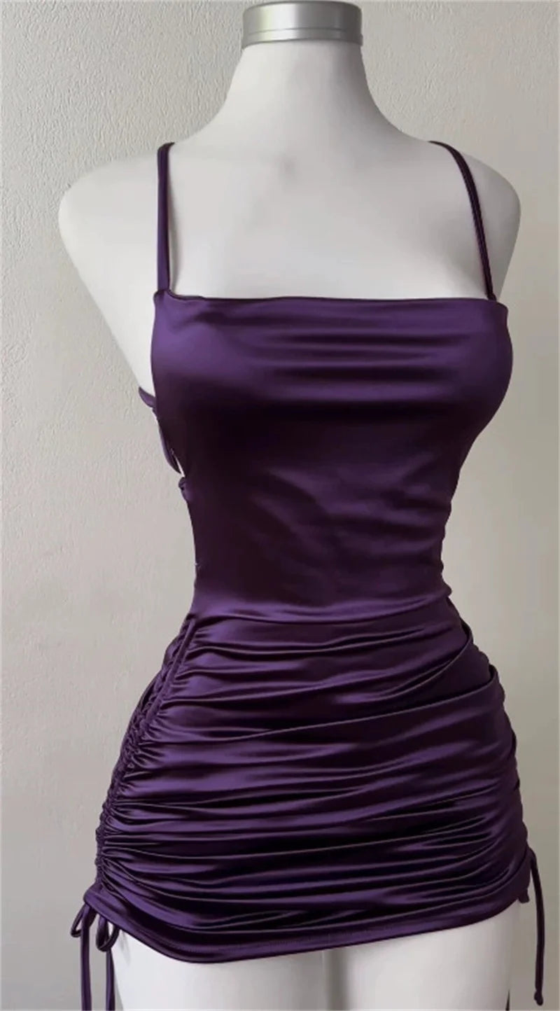 Sexy Sleeveless Backless Bodycon Mini Dress Women Summer Satin Lace Up Party Club Dresses Streetwear Evening Black Y2K 2025 Robe TechVisio