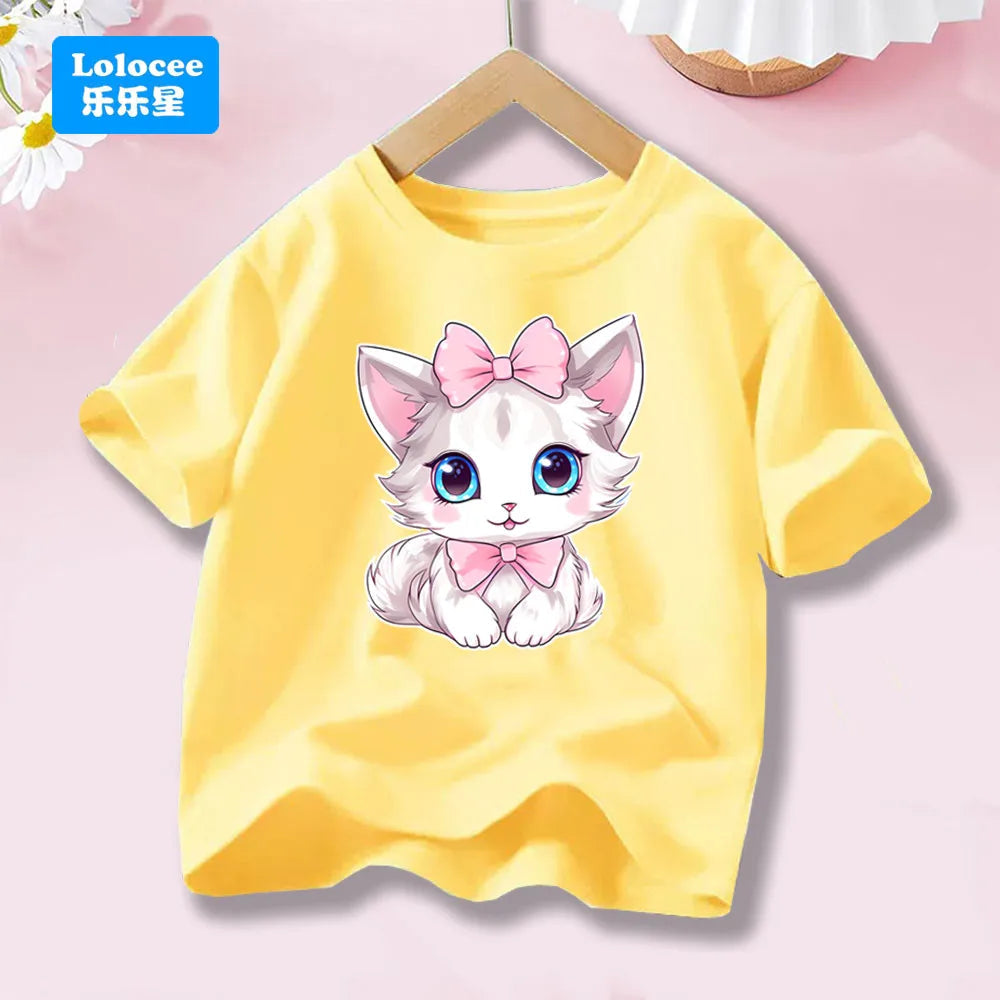 Cute Cat with Bow Print Girls T Shirt Kids Summer Short Sleeve Cotton T-shirt Kawaii Top Tee for Baby Girl 3-14y MM1 TechVisio