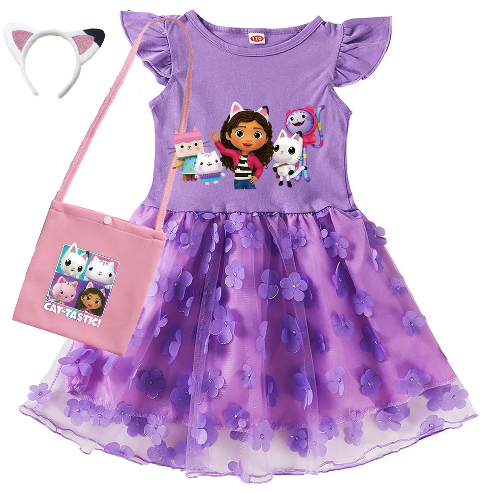 Vestidos Gabbys Dollhouse Costume Kids Cartoon Gabby Chat Dress Baby Girls Summer Short Sleeve Casual Dresses and Bag & Headband TechVisio