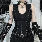Goth Dark Punk Sleeveless Corn Bandage Tanks Top Women Chic Streetwear Slim Zip Vest Mall Gothic Techwear Summer Fashion T-shirt TechVisio