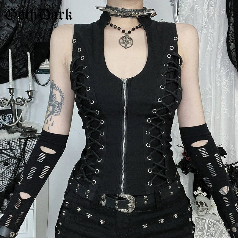 Goth Dark Punk Sleeveless Corn Bandage Tanks Top Women Chic Streetwear Slim Zip Vest Mall Gothic Techwear Summer Fashion T-shirt TechVisio