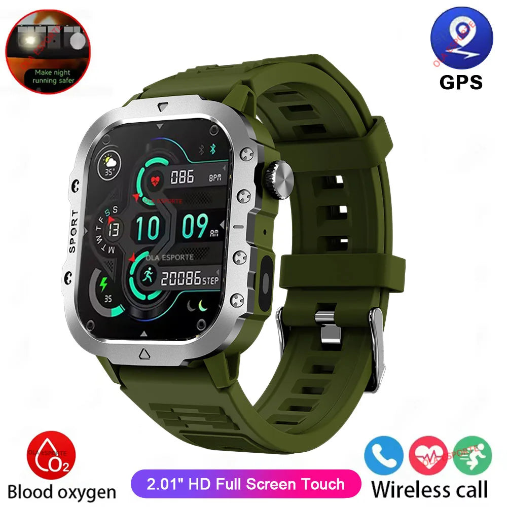 2026 Rugged Military Smart Watch Men's Outdoor Watch LED Flashlight 2.01'' HD Touch Screen Voice Bluetooth Call Smartwatch Gifts TechVisio