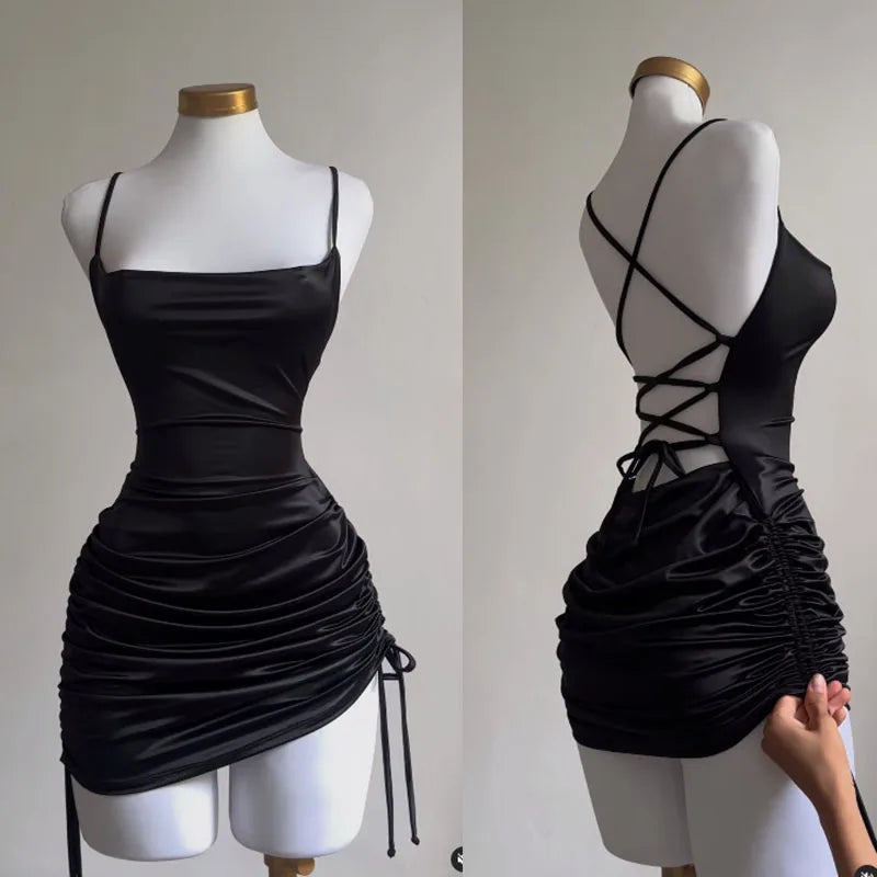 Sexy Sleeveless Backless Bodycon Mini Dress Women Summer Satin Lace Up Party Club Dresses Streetwear Evening Black Y2K 2025 Robe TechVisio