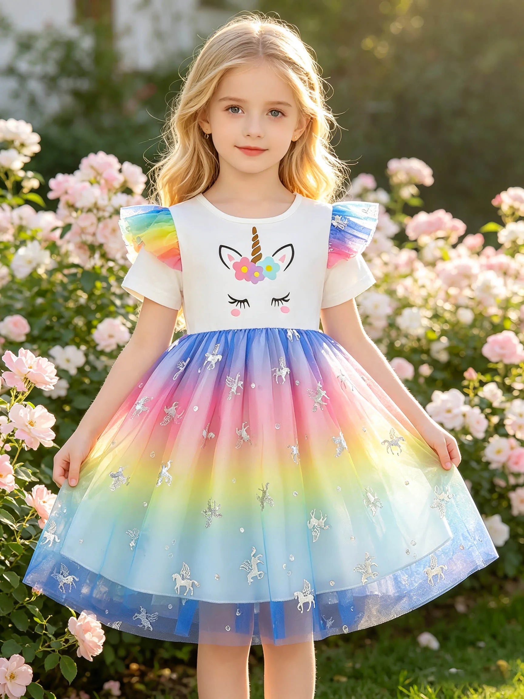 Girls' Dress with Flower, Closed-Eye Unicorn, Rainbow Flutter Sleeves, Gradient Colorful Pegasus Sequined Tulle Puffy Princess S TechVisio