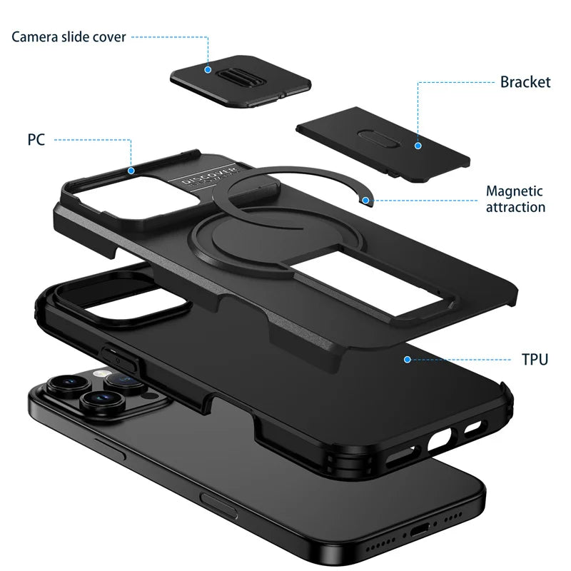 For Magsafe Magnetic Wireless Charging Case for IPhone 16 15 14 13 12 11 Pro Max Plus 16e Armor Stand Slide Lens Protector Cover TechVisio