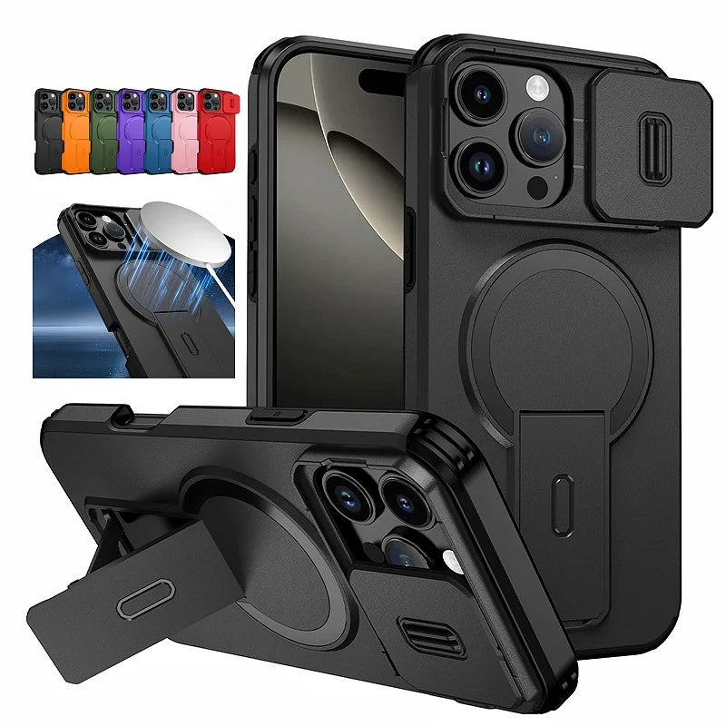 For Magsafe Magnetic Wireless Charging Case for IPhone 16 15 14 13 12 11 Pro Max Plus 16e Armor Stand Slide Lens Protector Cover TechVisio