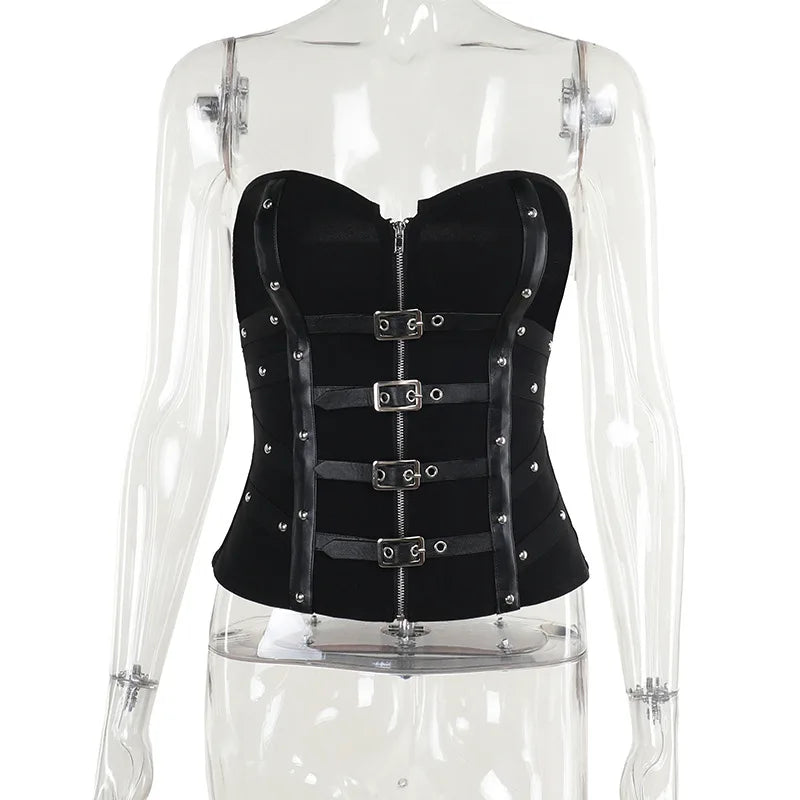 Goth Dark Punk Grunge Leather Buckle Strapless Corset Tops Mall Gothic Zip Women Tupe Top Y2K Coquette Streetwear Alt Tanks Vest TechVisio