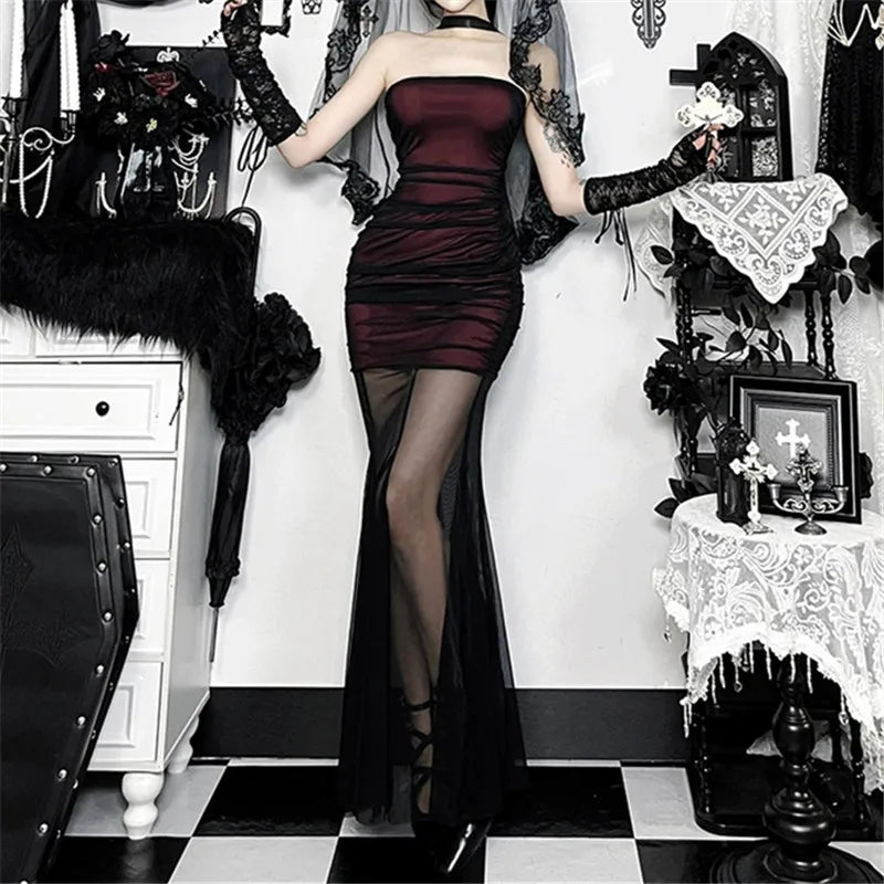 Goth Dark Women Elegant Fashion Partywear Mall Gothic Mesh Patchwork Trumpet Dresses Y2K Strapless Bodycon Dress Slim Vestido TechVisio