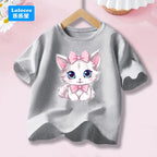 Cute Cat with Bow Print Girls T Shirt Kids Summer Short Sleeve Cotton T-shirt Kawaii Top Tee for Baby Girl 3-14y MM1 TechVisio