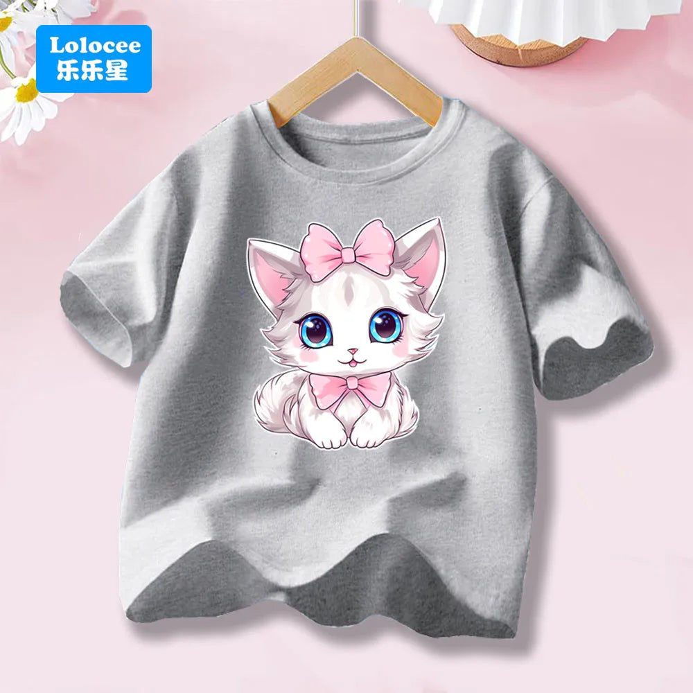 Cute Cat with Bow Print Girls T Shirt Kids Summer Short Sleeve Cotton T-shirt Kawaii Top Tee for Baby Girl 3-14y MM1 TechVisio