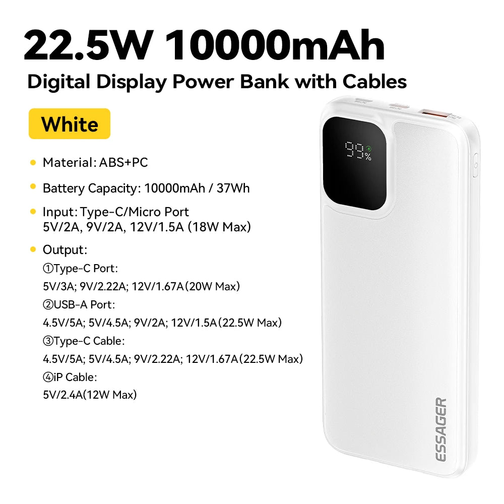 Batterie Externe ESSAGER – 10/20 000mAh | Câbles Intégrés | 22,5W