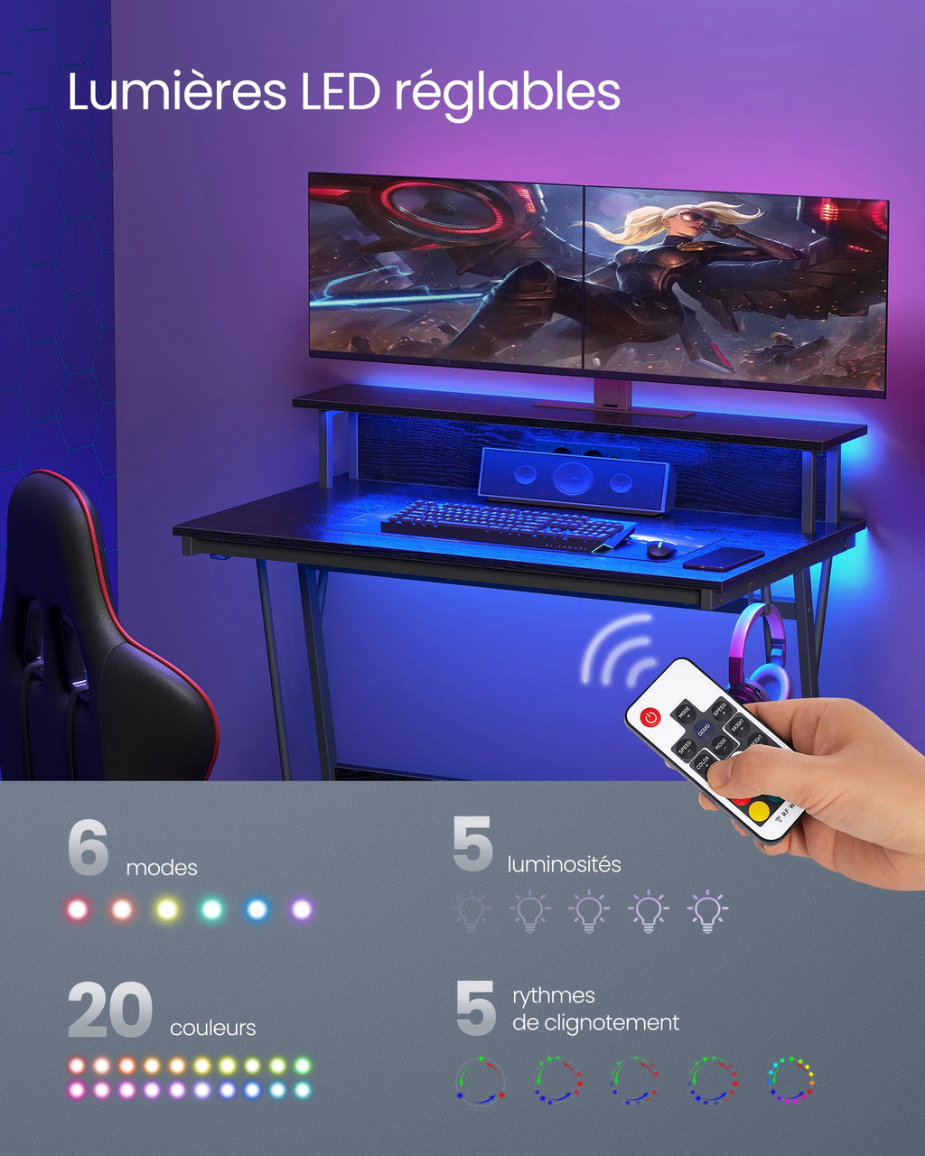 VASAGLE – Bureau Gaming LED RGB Multiprise USB 100x60cm