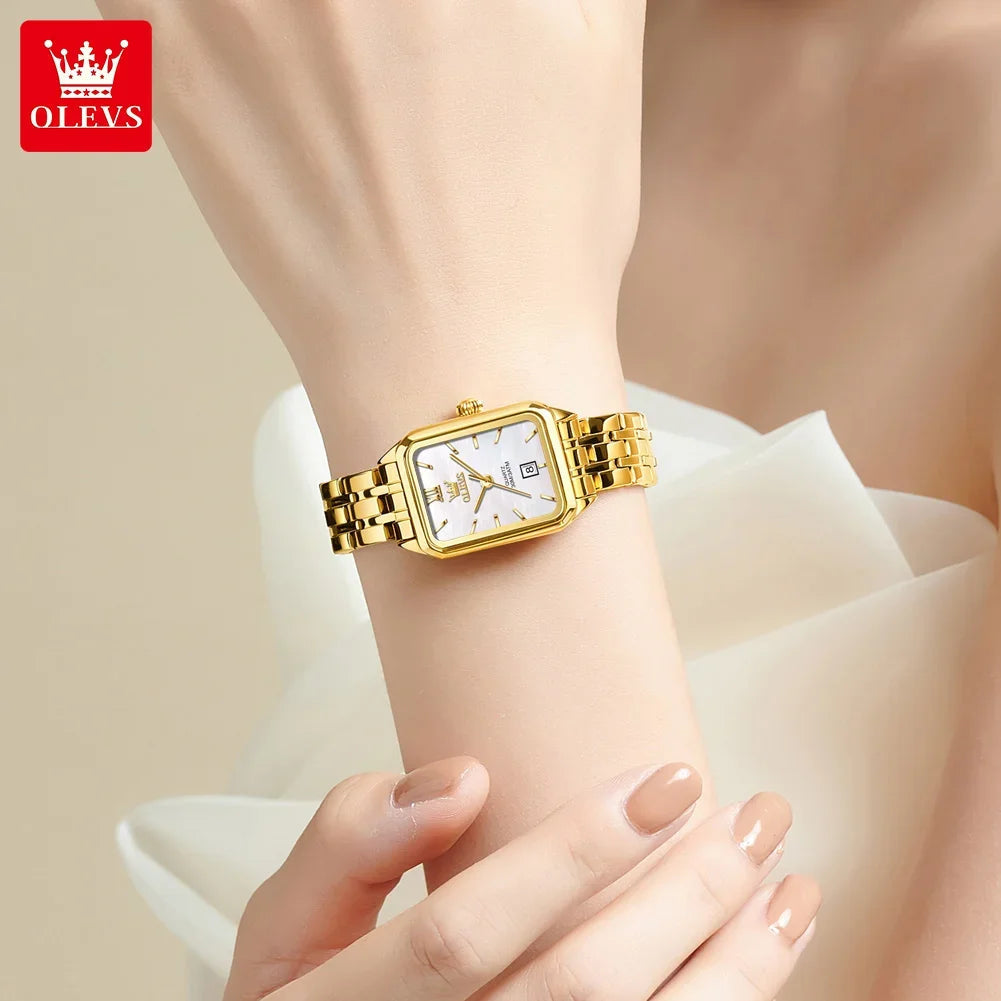 OLEVS Quartz Women's Watches Stainless Steel Square Small Gold Watch for Women Waterproof Auto Date Elegant Ladies Wristwatches TechVisio