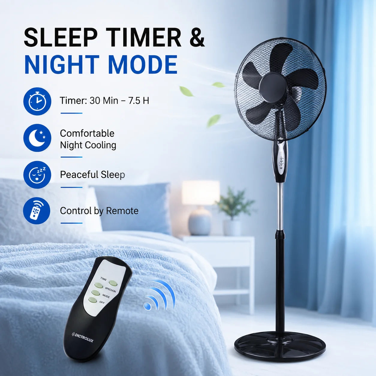 45W Standing Fan with Remote Control 43cm 5 Blades Floor Fan 3 Speeds 3 Modes Timer Oscillation Adjustable Height TechVisio