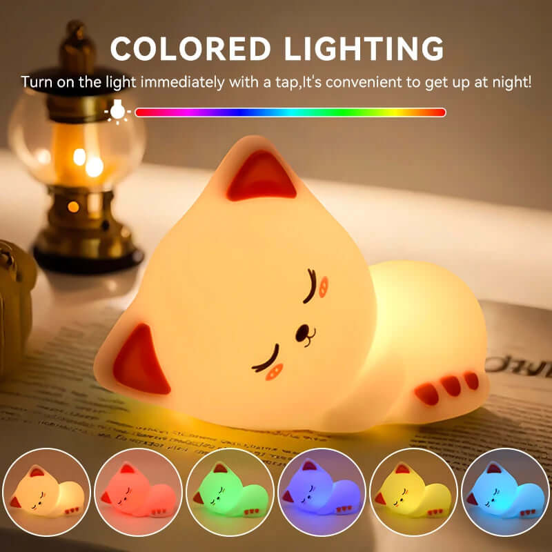 Veilleuse Chat Endormi – Lumière Colorée ou Chaude, Variateur Tactile TechVisio