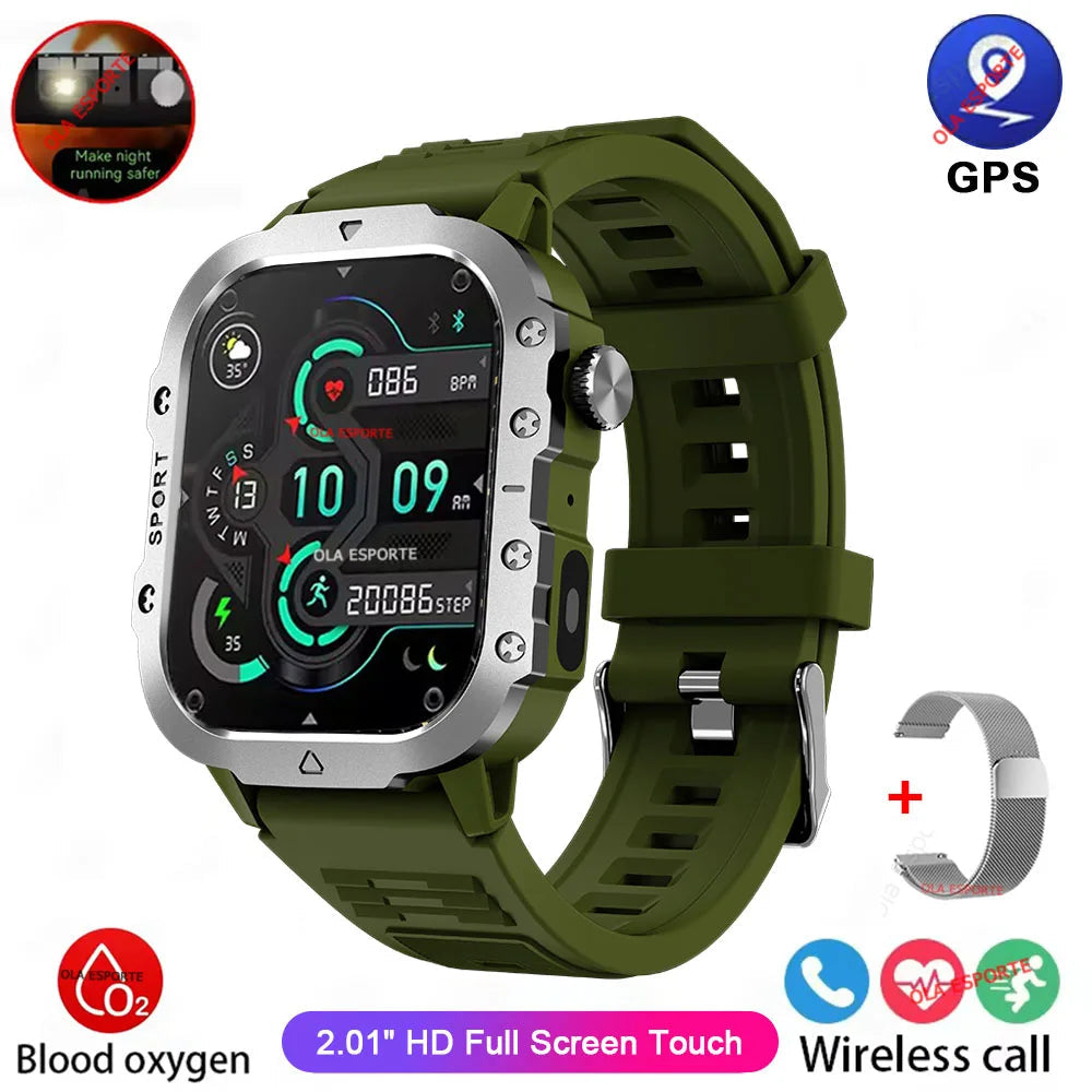 2026 Rugged Military Smart Watch Men's Outdoor Watch LED Flashlight 2.01'' HD Touch Screen Voice Bluetooth Call Smartwatch Gifts TechVisio