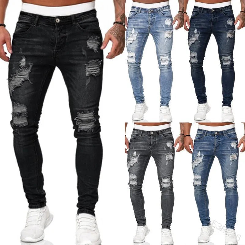 Fashion Street Style Ripped Skinny Jeans Men Vintage wash Solid Denim Trouser Mens Casual Slim fit pencil denim Pants hot sale TechVisio