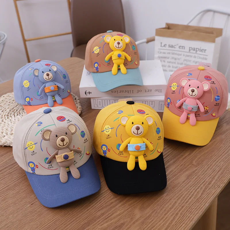 3D Bear Kids Baseball Hat Cartoon Doll Children Peaked Cap 1-5year Baby Duck Tongue Hat Cute Boys Girls Outdoor Sunscreen Visors TechVisio