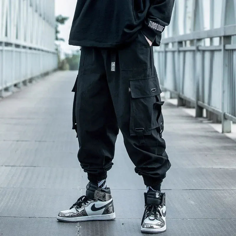 Classic Streetwear Hip Hop Joggers Men Letter Ribbons Cargo Pants Pockets Track Tactical Casual Male Trousers Sweatpant KZ99 TechVisio