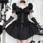 Goth Dark Gothic Lace Trim Puff Sleeve A-line Mini Dress Women Outfits Embellished Square Neck Dresses Bandage Lace Up Halloween TechVisio