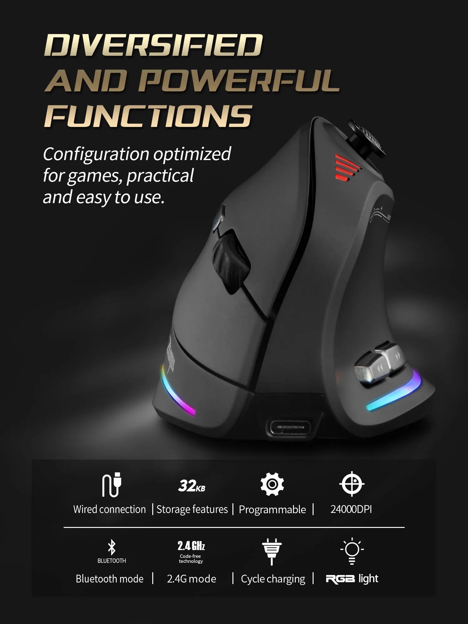 Zelotes F18 – 24000 DPI Bluetooth Wireless Vertical Mouse