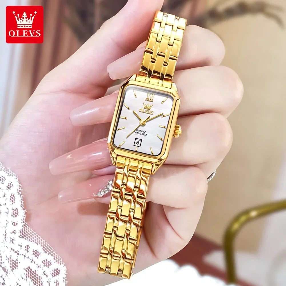 OLEVS Quartz Women's Watches Stainless Steel Square Small Gold Watch for Women Waterproof Auto Date Elegant Ladies Wristwatches TechVisio