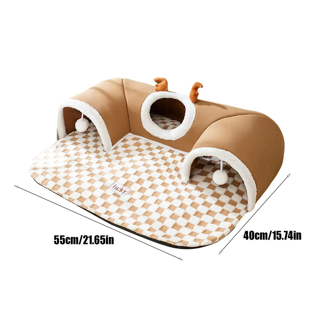 Cat Bed and Play Tunnel Warm House Tent with Plush Mat Indoor Hideaway Corner Shelter Foldable Pet Furniture for Kittens Cats TechVisio