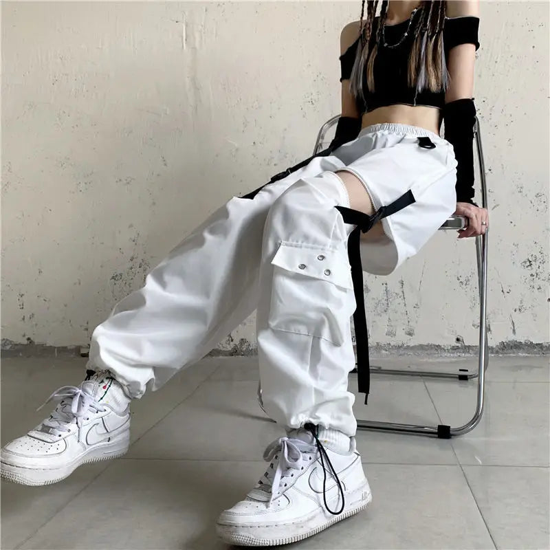 Streetwear Spring Summer Cargo Pants Women Harajuku Slim Punk Ribbons Joggers Elastic Waist Ankle-Length Trousers For Girls TechVisio