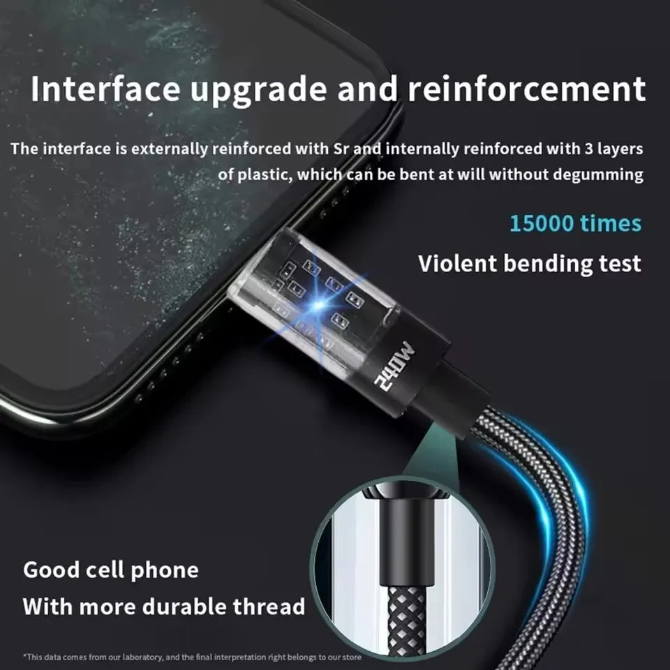240W USB-C LED Cable – Fast Charging | Braided Nylon | 0.25m to 2m