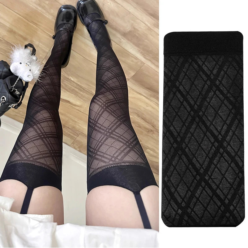 Women Argyle Pattern Suspender Wide-banded Tights Lolita Thigh High Stockings with Garters Y2K JK College Over The Knee Socks TechVisio