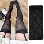 Women Argyle Pattern Suspender Wide-banded Tights Lolita Thigh High Stockings with Garters Y2K JK College Over The Knee Socks TechVisio