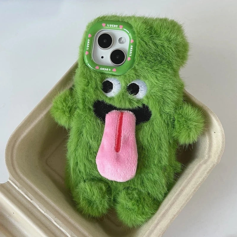 INS Couple Fur Monster Kiss Tongue Case For iPhone 17 16 15 14 13 12 Pro Max Korea Cute Cartoon Gift Anti-Drop Soft Back Cover TechVisio